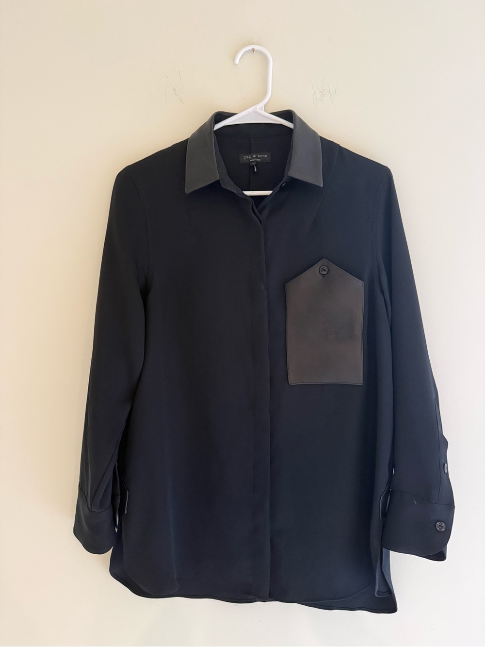 rag & bone NWOT Black Blouse with leather breast Pocket, collar and accents.